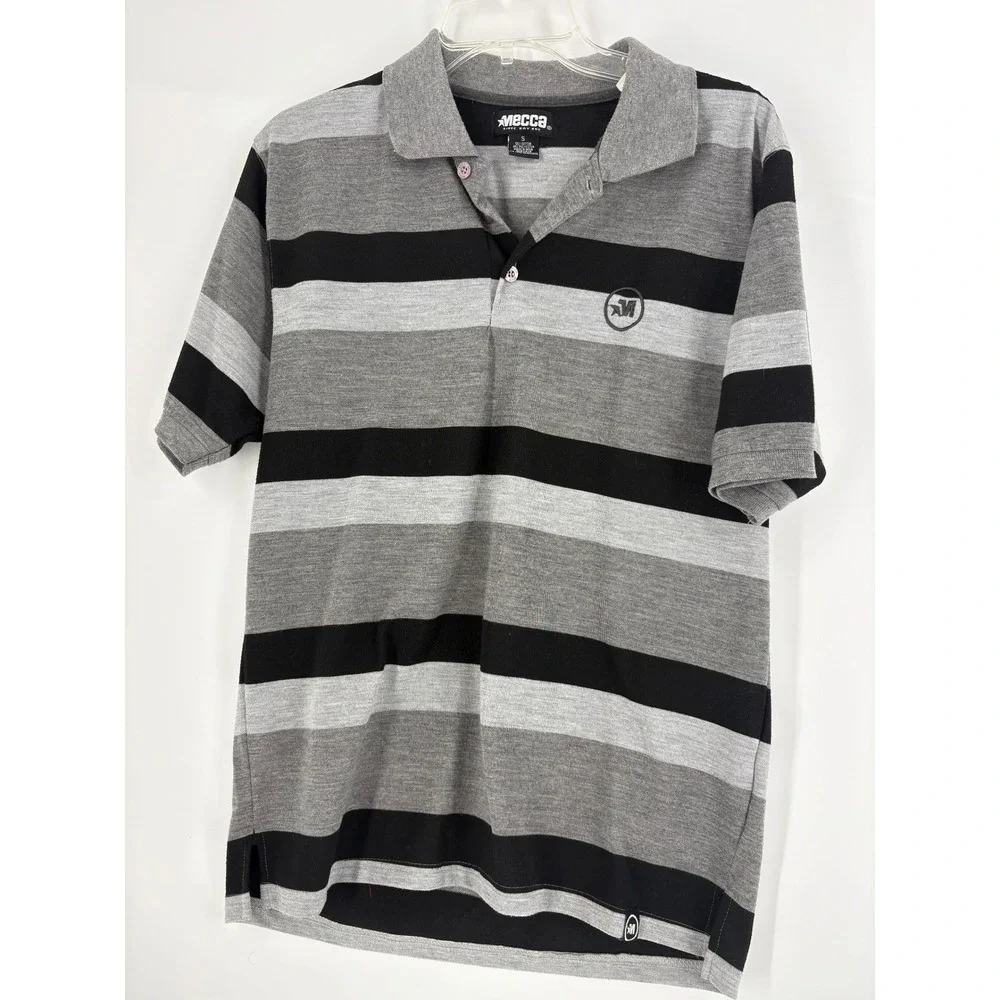 Mecca‎ Mens Gray Black Striped Short Sleeve Polo Shirt Size S Casual